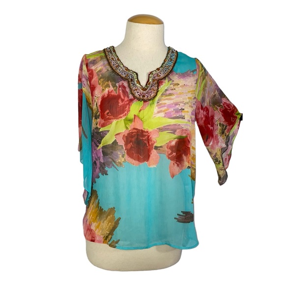 Mushka Sienna Rose XL Floral Sheer Top Elbow Length Sleeves Sequin Neckline NWT - Picture 5 of 12